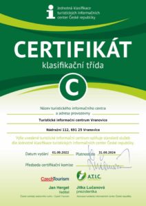 certifikat Turisticke informacni centrum Vranovice 2022 20241